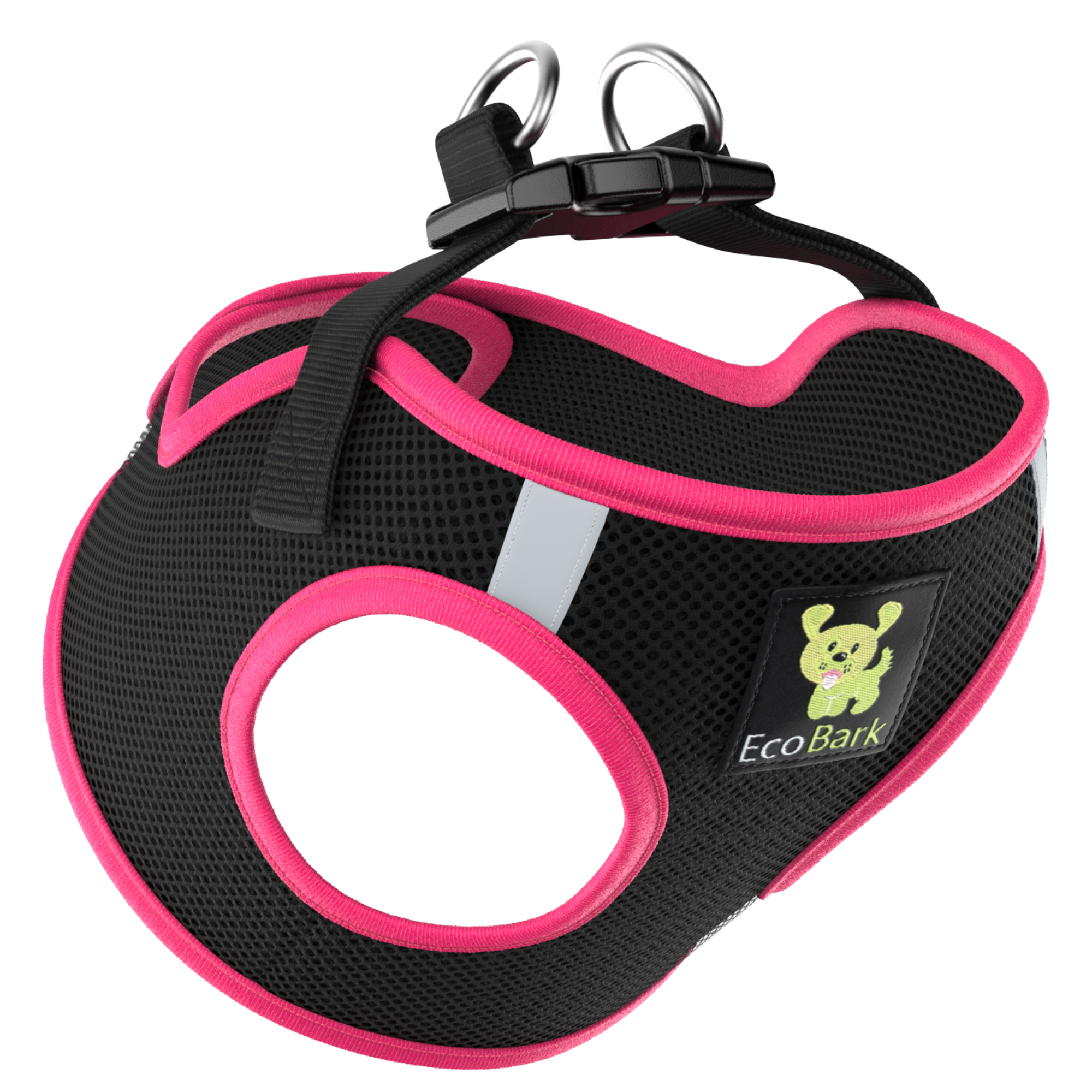 EcoBark Step In Dog Harness - XXXS to Small Breeds- Reflective Soft Mesh Harness for Teacup, Small Dogs and Puppies / Black w/ Pink Piping
