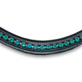 Load image into Gallery viewer, Teal Browband by Southlake Paws featuring a row of sparkling teal rhinestones set on a black leather base.
