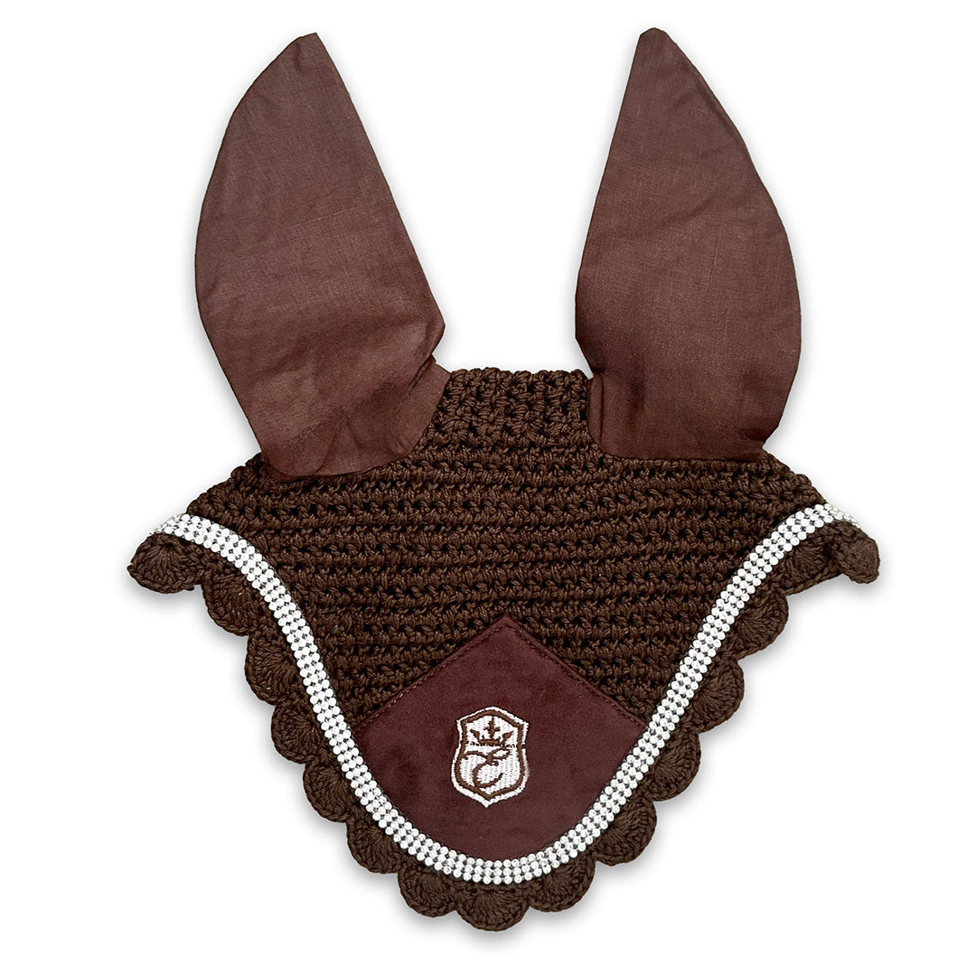 Spiced Cocoa Fly Hat by Southlake Paws features a brown crochet design with large ears and scalloped edges.