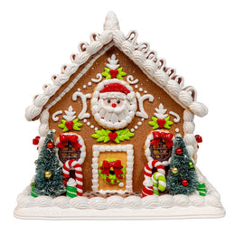 Kurt Adler 9 Inch Battery Operated Gingerbread House With Santa and Ribbon Candy Roof