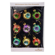 Kurt Adler 45MM Miniature Multicolored Glass Reflector Christmas Ornaments, 9-Piece Boxed Set