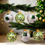 Kurt Adler 80MM Silver and Light Green St. Patrick Glass Ball Ornaments, 6 Piece Box