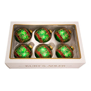 Kurt Adler 80MM Green Glass Ball Ornament With Red And Gold Fleur-De-Lis Design, 6-Piece Box