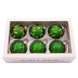 Kurt Adler 80MM Gold and Emerald Green Embellish Ball Ornaments, 6 Piece Set