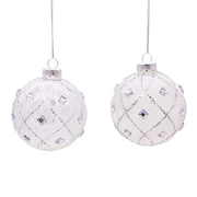 Kurt Adler 80MM Jeweled Clear Feather White Ball Ornaments, 6 Piece Set