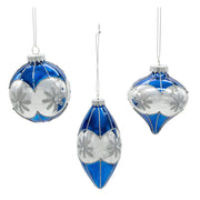 Kurt Adler 80MM Glass Blue Snowflake Ball, Onion and Teardrop Shaped Ornaments, 3-Piece Set