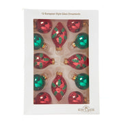 Kurt Adler 35MM Glass Green and Red With Holly Leaves Ball 12-Piece Ornament Set
