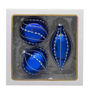 Kurt Adler 80MM Glass Shiny Blue Gemmed Onion, Finial and Ball 3-Piece Ornament Set