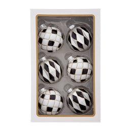 Kurt Adler 80MM Glass Black, White and Gold Checkered Ball Ornaments, 6-Piece Box