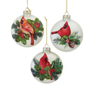 Kurt Adler 100MM Glass Cardinal With Holly Berry Flat Ball Ornaments, 3-Piece Box