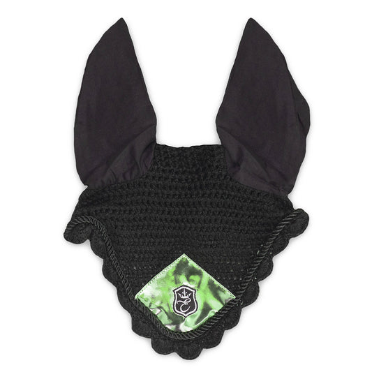 Black crochet hat with large black ears and a green satin patch featuring the Southlake Paws logo.