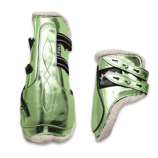 Southlake Paws Green Lily Open-Front Boots in shiny green with soft lining and adjustable straps for equine protection.