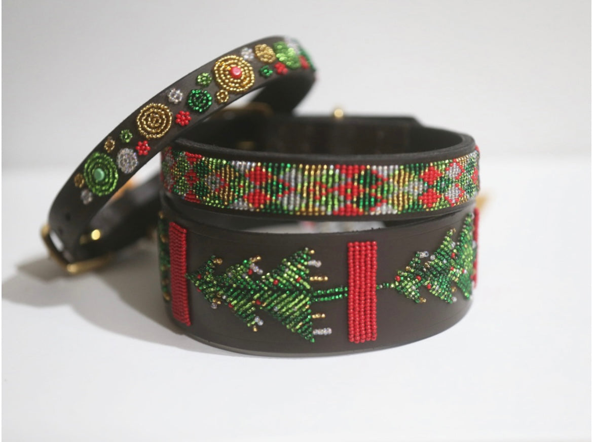 Holiday beaded belts by Southlake Paws featuring festive designs with Christmas trees and colorful patterns.