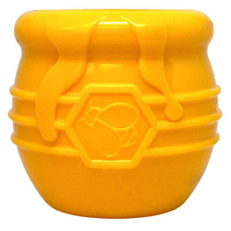 Honey Pot Dog eCup Treat Dispenser in bright yellow, resembling a honey pot, made from durable PUP-X rubber. USA made.