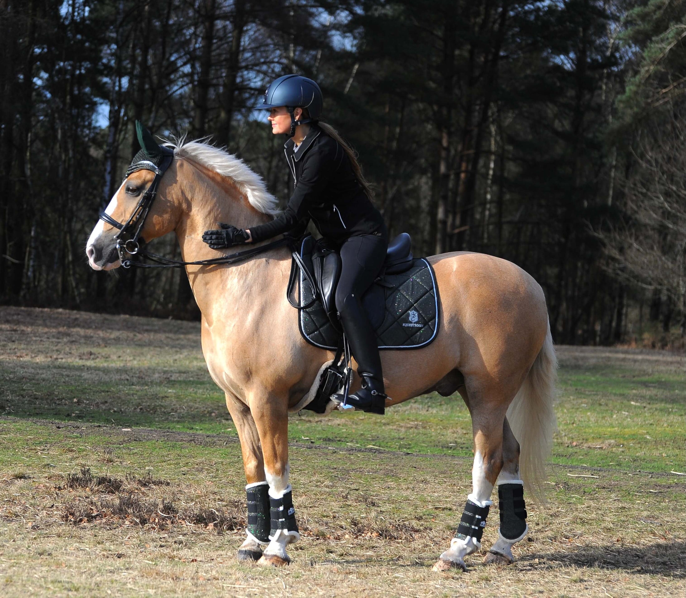 Jade Green Boots by Southlake Paws worn on a horse's legs, with a rider in a black outfit and helmet in a forested area.