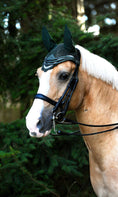 Load image into Gallery viewer, Jade Green Fly Hat by Southlake Paws on a horse, featuring ear covers and a decorative mesh design.
