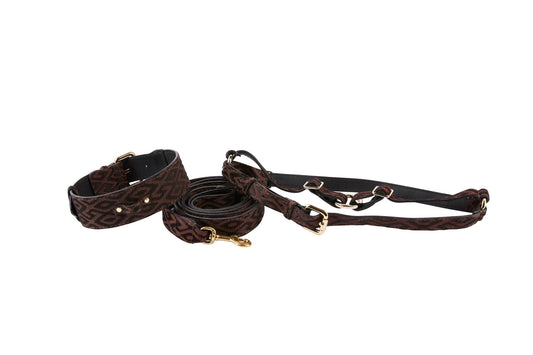 Elegant Black & Brown Pattern Italian Leather Collar With Ornate Italian Swarovski Crystal Hardware Set