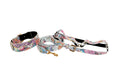 Load image into Gallery viewer, White Floral Mosaic Italian Leather Collar, Leash, Harness Set With Gold Classic Hardware
