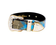 Blue & Yellow Elegant Plaid Italian Leather Collar With Swarovski Crystal Hardware