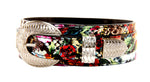 Floral, Scull, Snake Print Italian Leather Collar With Silver 3 Piece Hardware