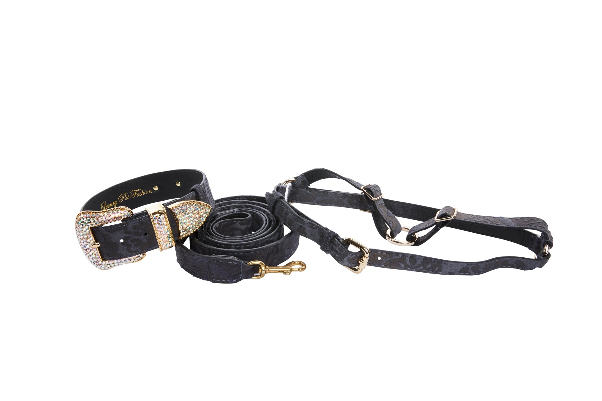 Blue Grey Italian Leather With Velvety Floral Design With Swarovski Crystal Collar, Leash & Harness