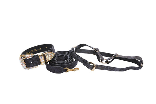 Blue Grey Italian Leather With Velvety Floral Design With Swarovski Crystal Collar, Leash & Harness