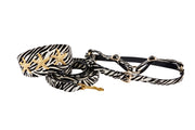Zebra Print Hair On Hide Italian Leather 3 Wide Collar With Gold Starfish, Leash & Harness Set