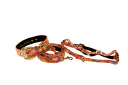 Orange Floral Mosaic Italian Leather/Ornate Swarovski Crystal Hardware Collar, Leash, Harness Set