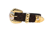 Elegant Black & Brown Pattern Italian Leather Collar With Ornate Italian Swarovski Crystal Hardware