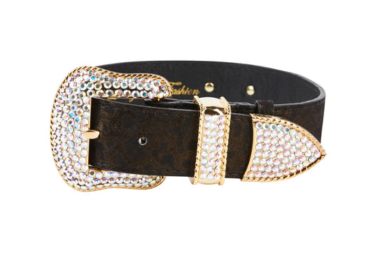 Dark Brown/Bronze Abstract Leopard Print Italian Leather Collar With Swarovski Crystal Hardware