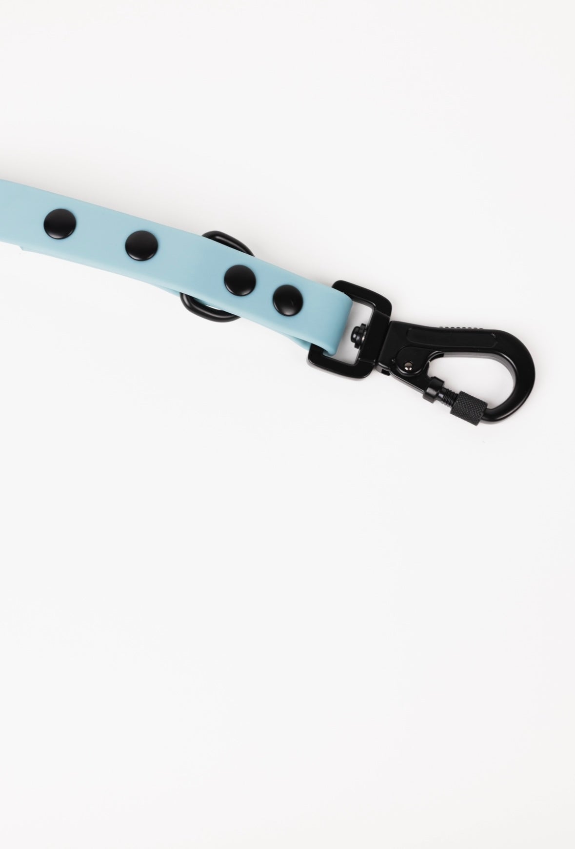 Dusty Blue Adjustable Leash by The Modern Dog Company with black hardware and button details. Ideal for stylish dog walks.