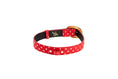 Load image into Gallery viewer, Red & Gold Polka Dot Italian Leather Collar With Italian/Swarovski Hardware & Heart Charm
