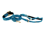 Blue Floral Mosaic Italian Leather/Swarovski Collar, Leash, Harness Set
