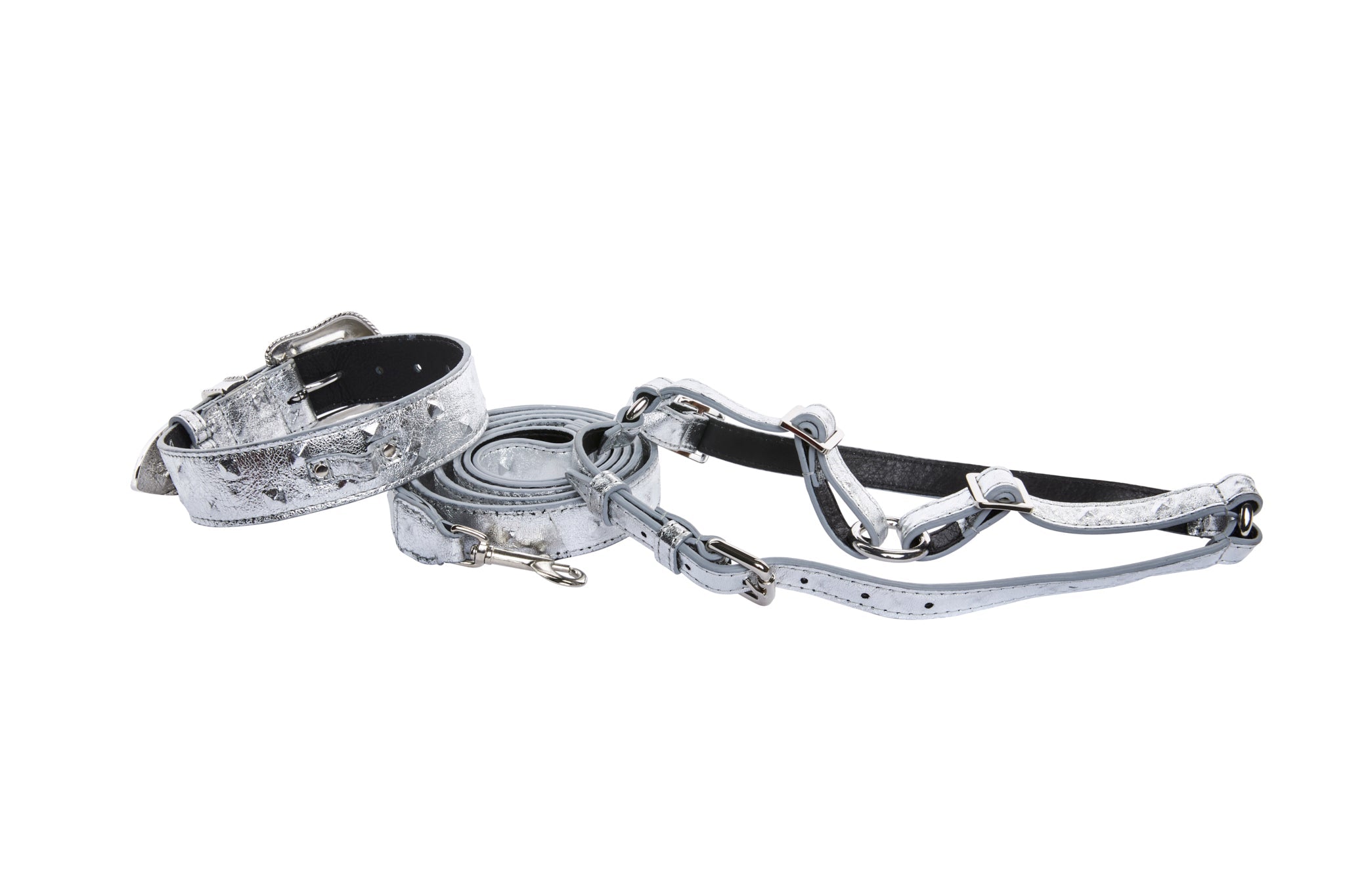 Silver Studded Italian Leather Dog Collar, Harness & Leash Set