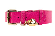 Fuchsia Pink Italian Leather Classic Collar With Puffy Heart Charm