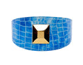 Load image into Gallery viewer, Blue Patent Embossed Croc Italian Leather Collar With Large Gold Custom Rivet

