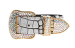 Dark Brown/Off White Embossed Croc Italian Leather Collar With Gold Swarovski Hardware