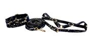 Dark Navy Lace On Gold Italian Leather Classic Collar, Leash & Harness Set
