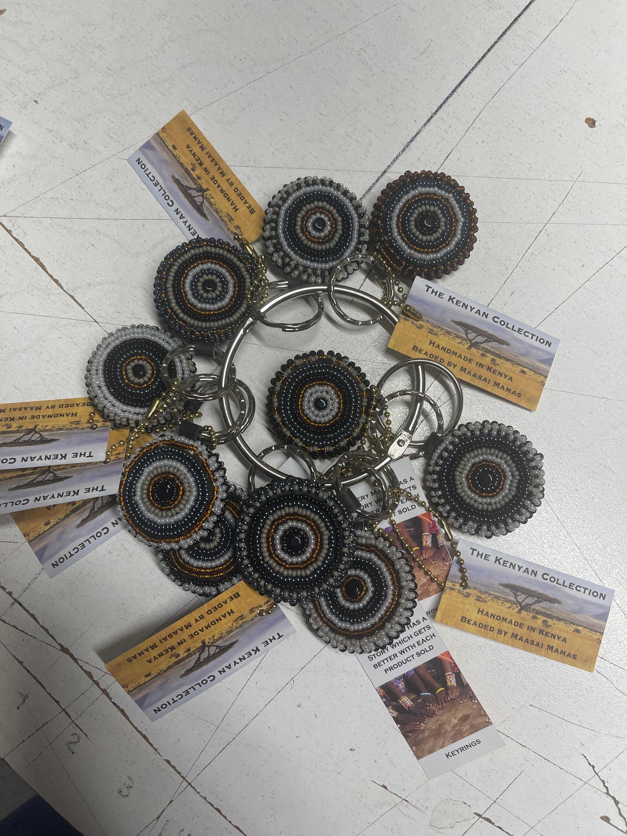 Handmade TKC Beaded Keychains by Southlake Paws, featuring colorful bead designs on metal keyrings with tags.