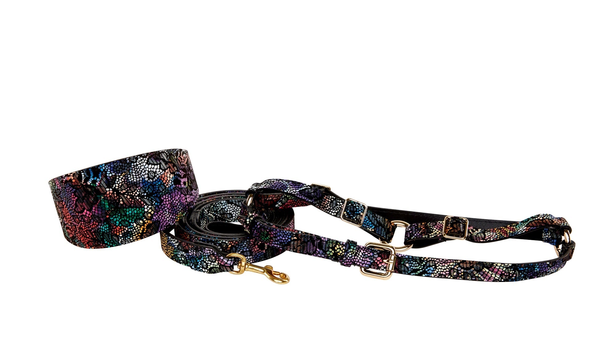 Floral/Lace Embossed Italian Leather 3 Wide Style  Collar, Leash, Harness Set