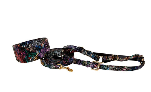Floral/Lace Embossed Italian Leather 3 Wide Style  Collar, Leash, Harness Set