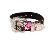 Floral, Scull, Snake Print Italian Leather Collar With Swarovski Crystal Hardware