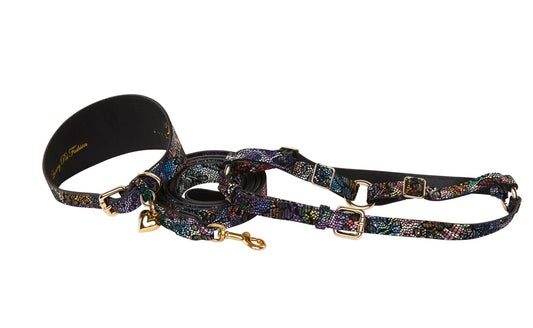 Floral/Lace Embossed Italian Leather 3” Wide Style  Collar, Leash, Harness Set