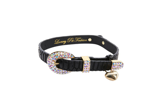 Black Embossed Snake Italian Leather With 3 Piece Swarovski Crystal Hardware