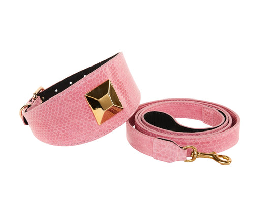 Soft Pink Snake 3 Wide Style Collar With Custom Large Gold Rivet & Leash Set