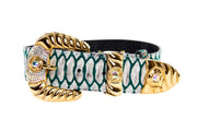 Green & Off White Embossed Python Print Italian Leather With Ornate Swarovski Crystal Hardware