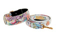 Load image into Gallery viewer, White Floral Mosaic Italian Leather Collar & Leash Set With Gold Classic Hardware
