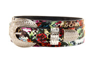 Floral, Scull, Snake Print Italian Leather Collar With Silver 3 Piece Hardware