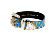 Blue & Yellow Elegant Plaid Italian Leather Collar With Swarovski Crystal Hardware