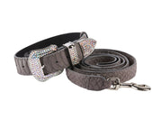 Dark Grey Snake Print Hair On Hide Italian Leather Collar & Leash Set With Swarovski Crystal Hardware